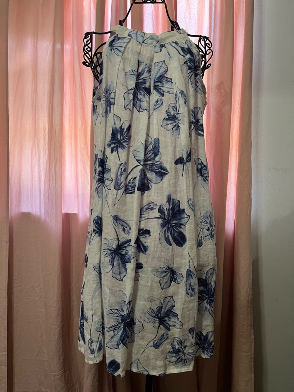 100% Linen White Halter Dress with Navy Floral Print